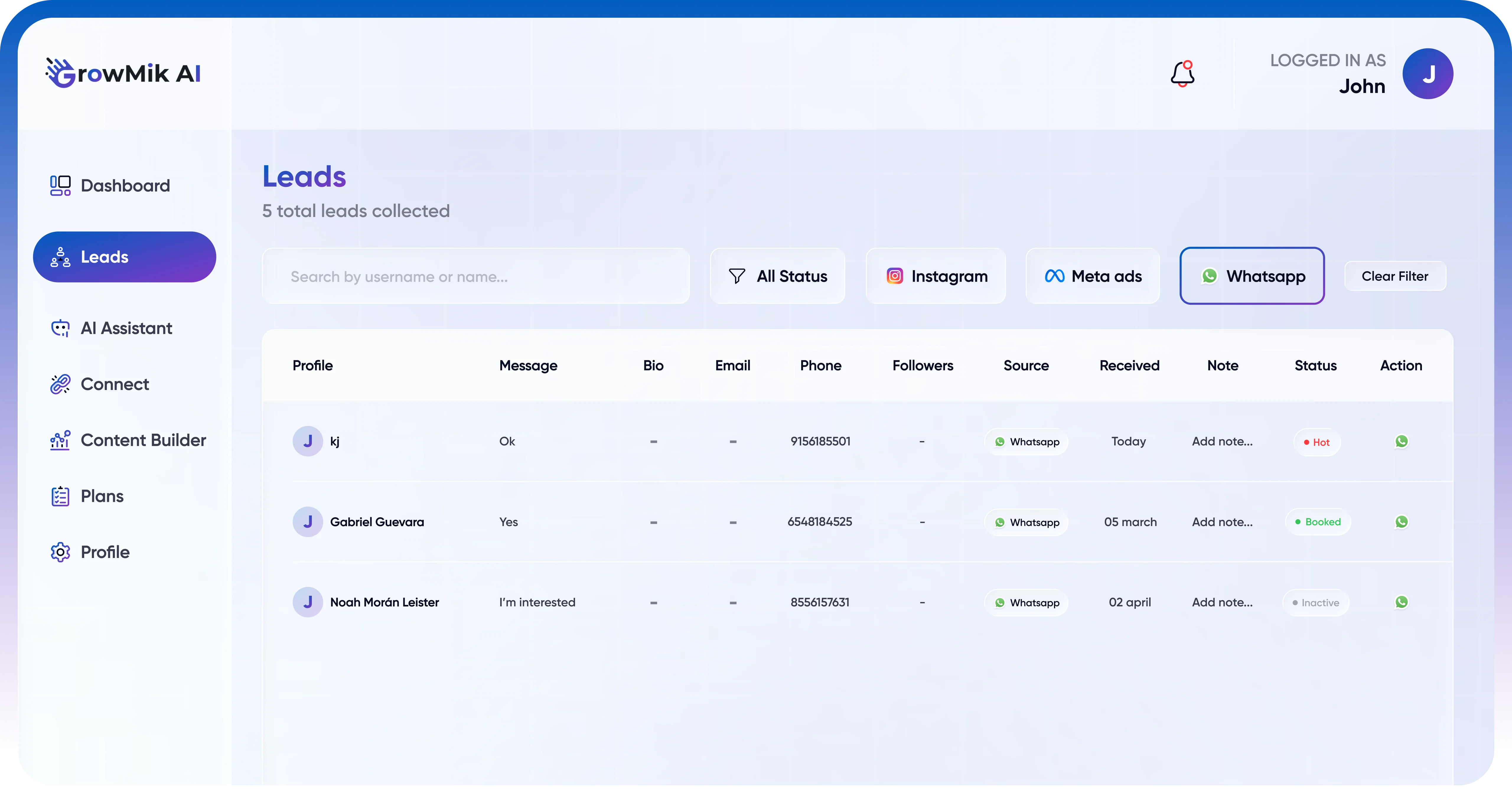 WhatsApp Automation Dashboard View
